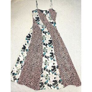 Sen‎ Maxi Dress Leopard Floral Paneled Spaghetti Colorful Lined Chiffon